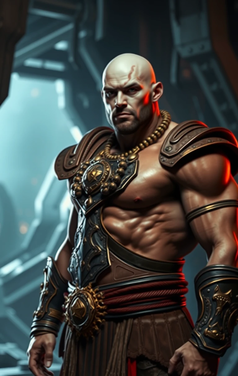 Muscular bald warrior in ornate gold armor
