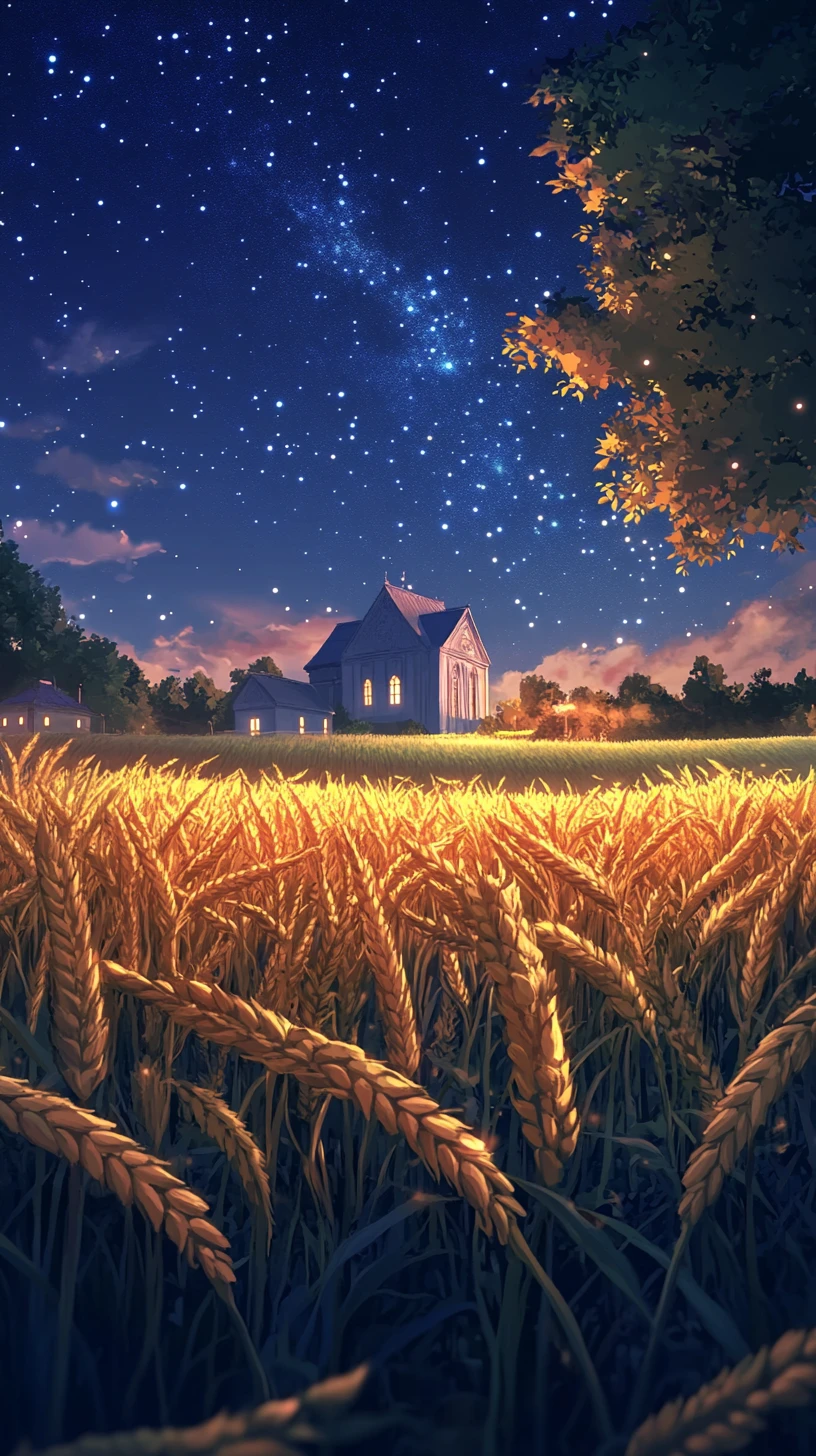 Moonlit cathedral rising beyond a quiet wheat field