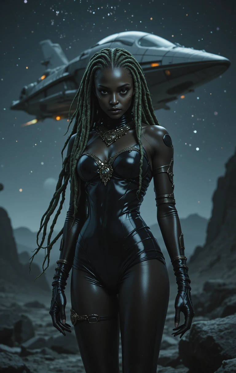 Alien-Frau im Latex-Body unter einem sternenklaren Nachthimmel