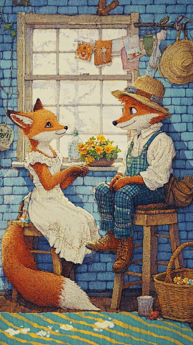 Two anthropomorphic fox children sharing a flower indoors