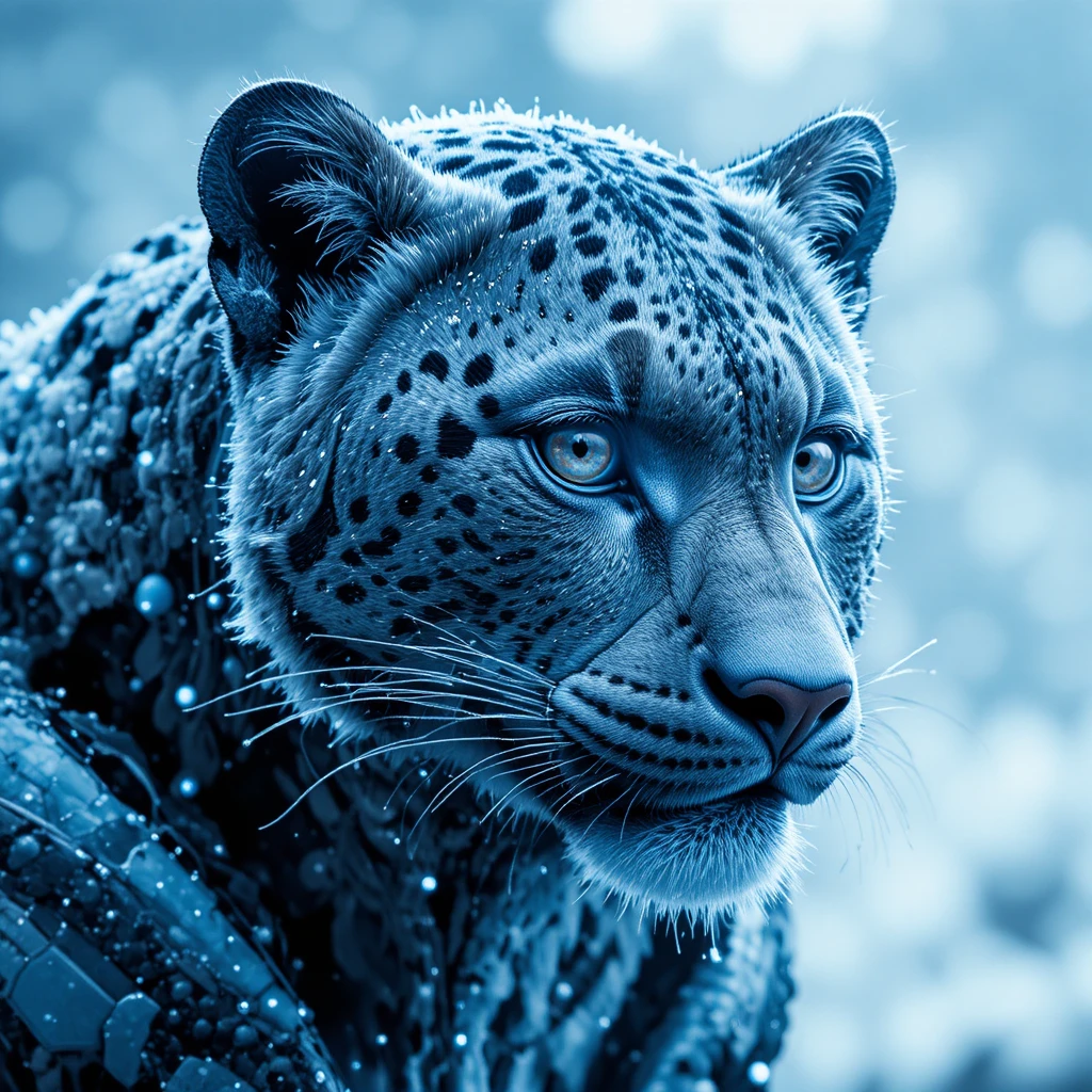 Cybernetic snow leopard in icy blue futuristic chrome
