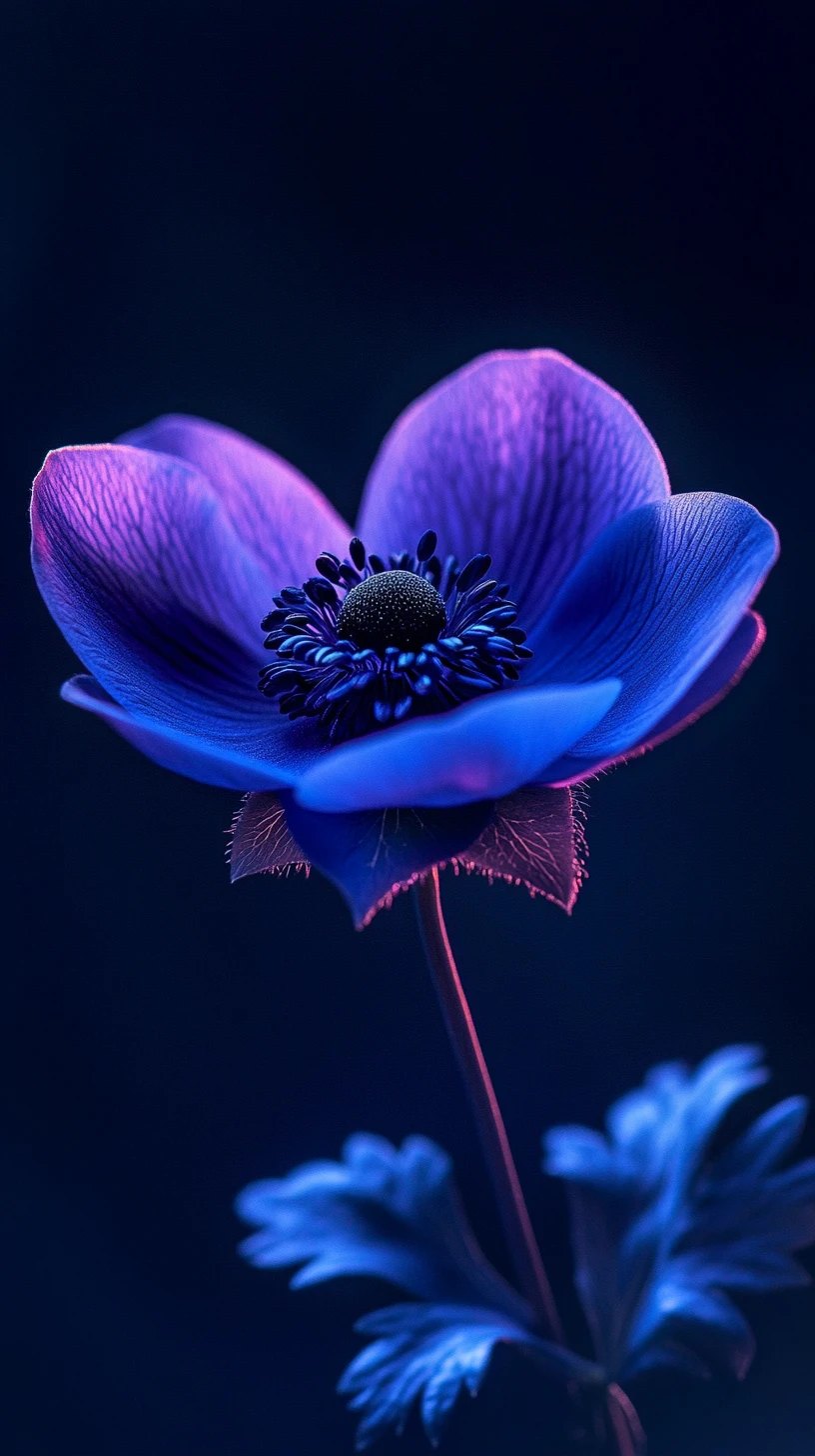 Macro portrait of a baby blue anemone with glowing backlight