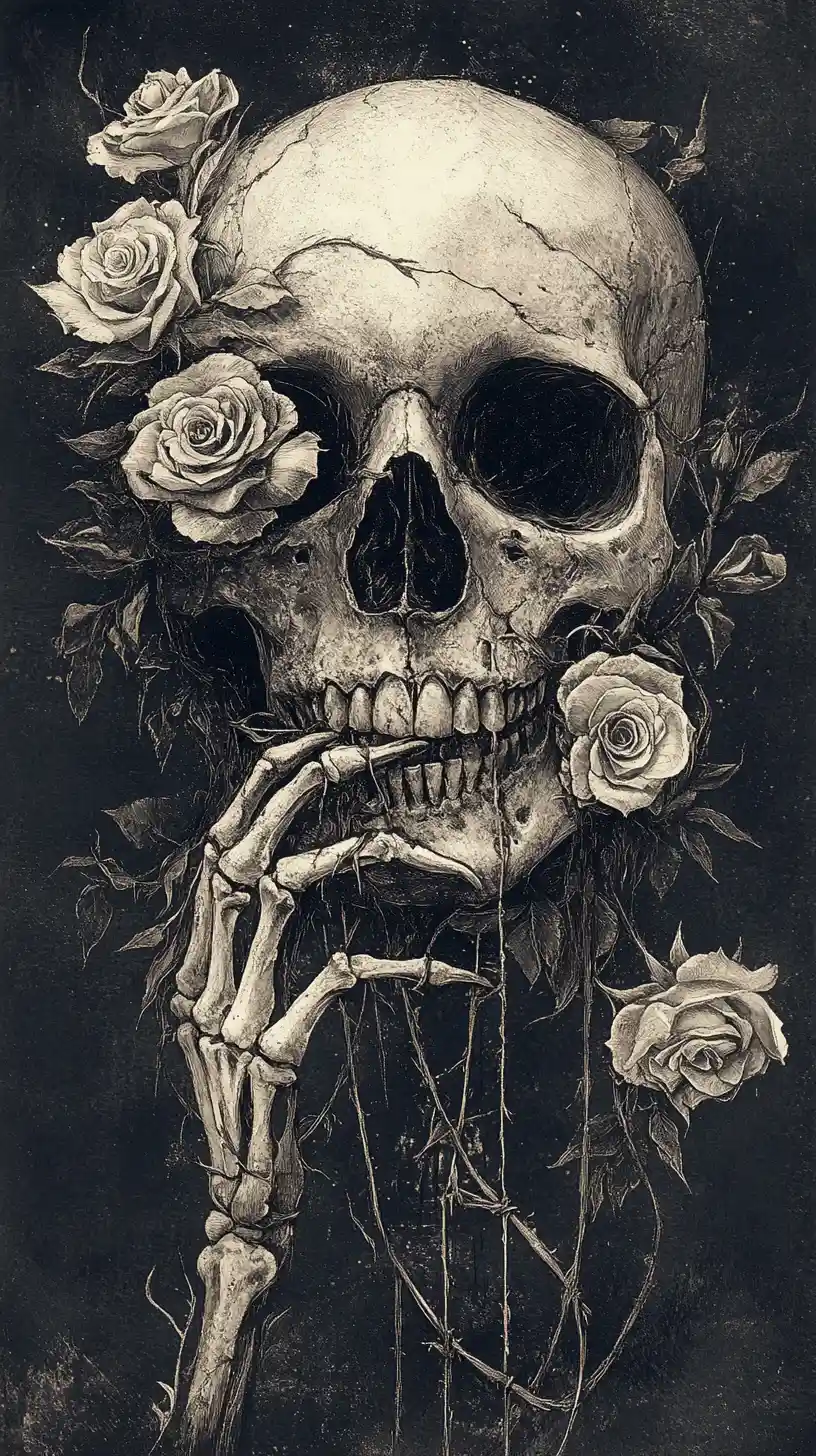 Macabre skull with roses entwined around mouth and hands
