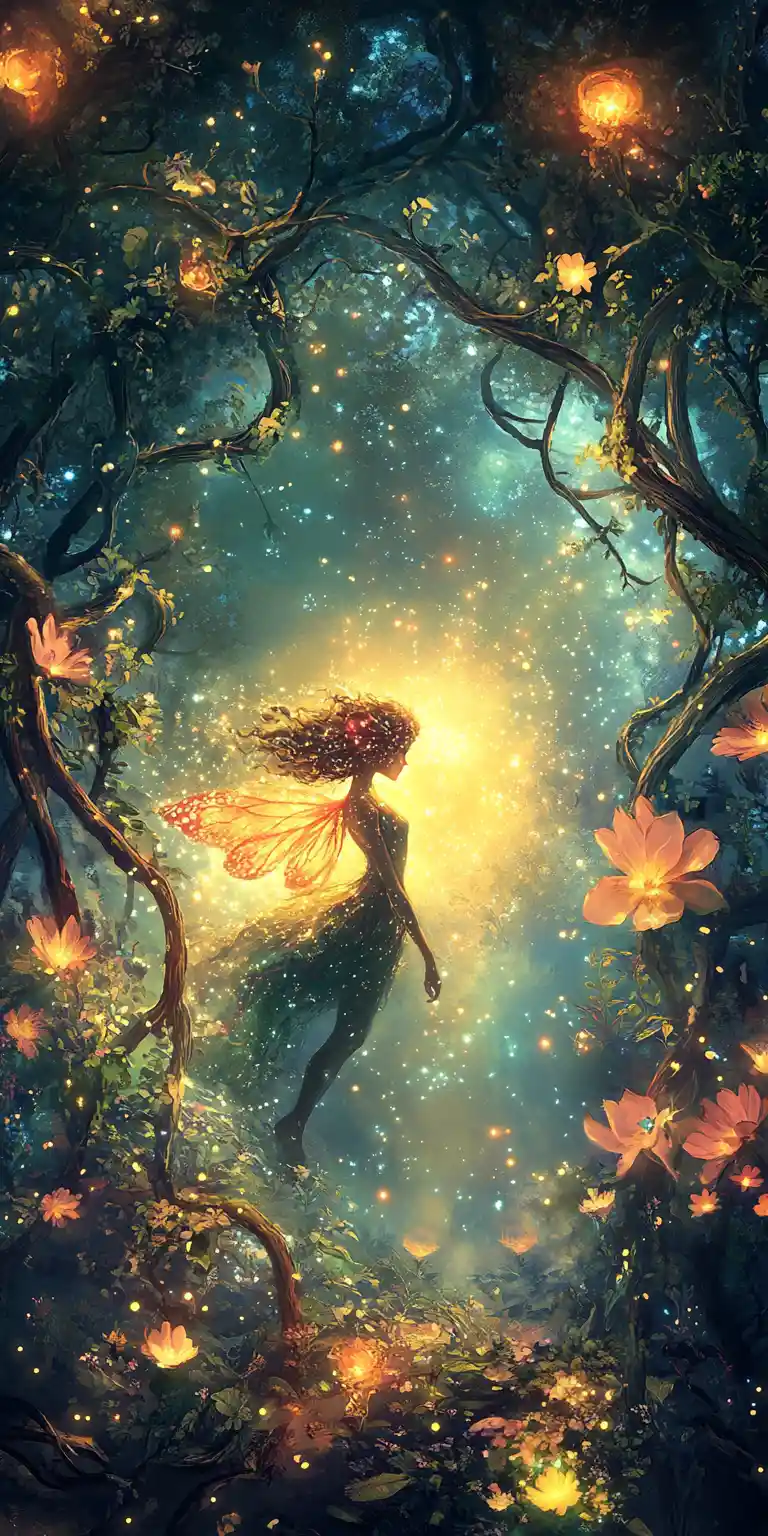 Ethereal fairy rising from a glowing flower in twilight forest