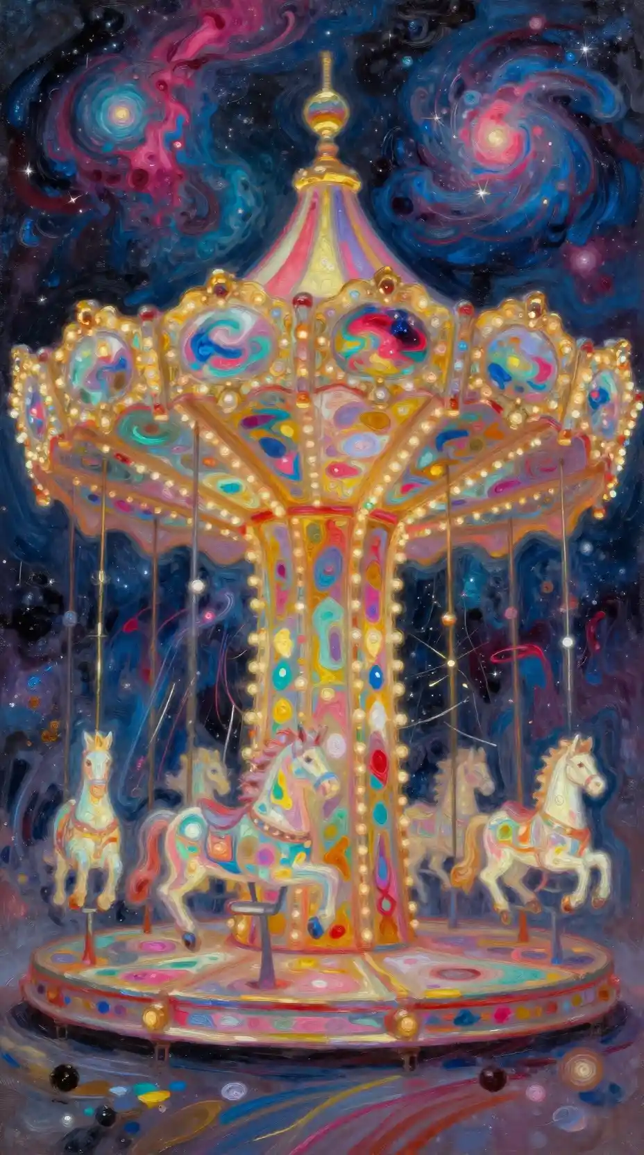 Fantastical cosmic carousel swirling within a vibrant galaxy