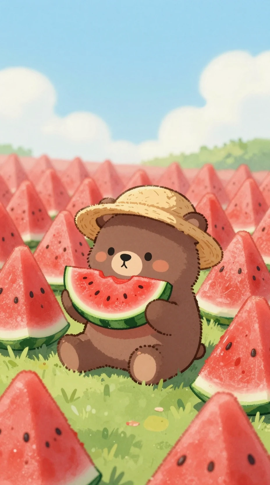 Cute bear cub eating watermelon in a sunny field