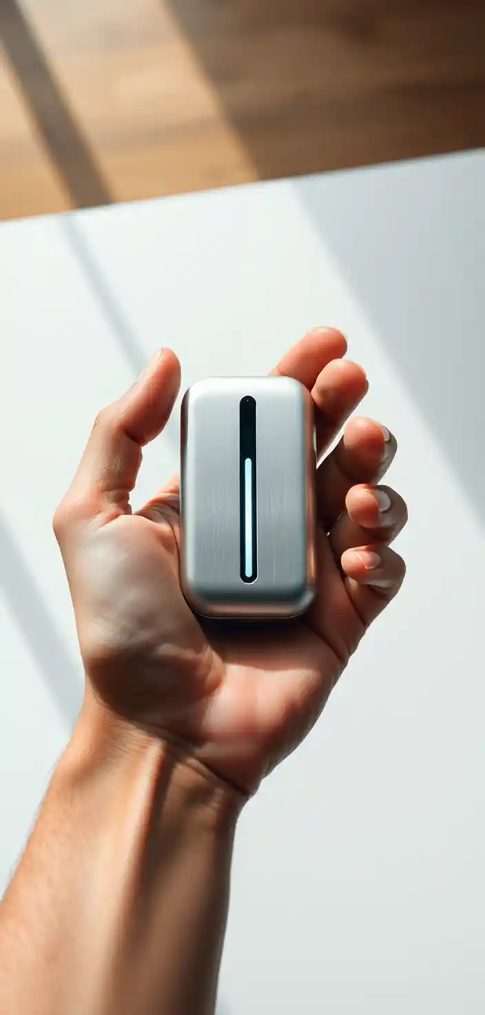 Handheld luxury gadget above a clean white table