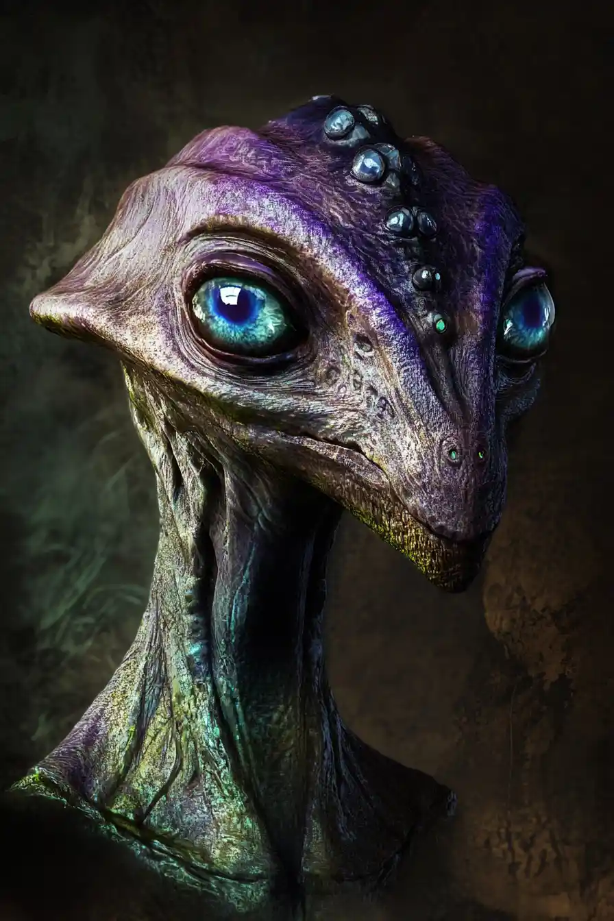Alien portrait with six glowing blue eyes in darkness