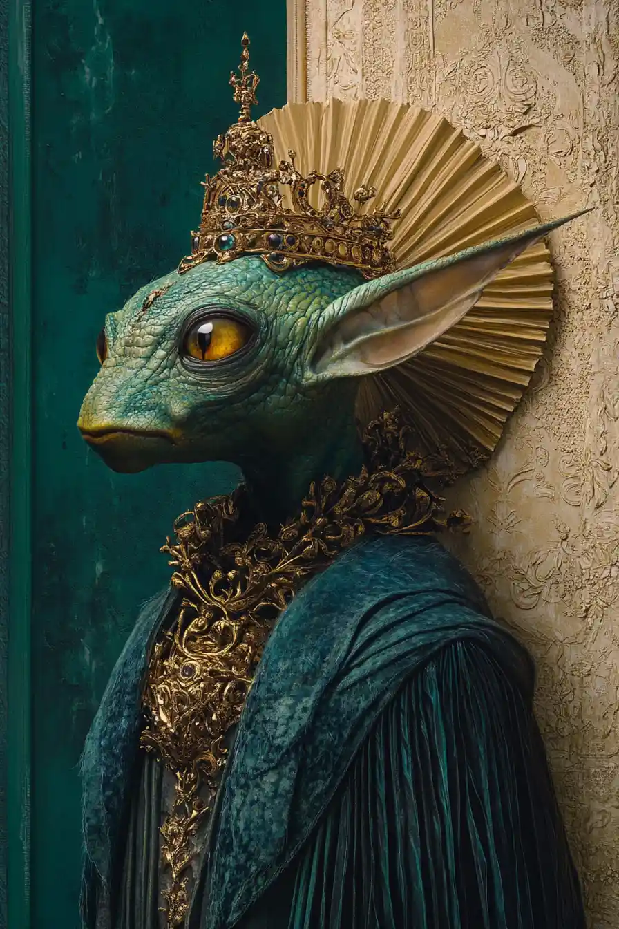 Grumpy crowned fantasy creature in regal teal and gold