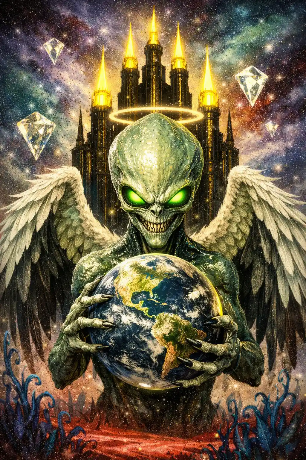 Sinister alien angel holding glowing earth before golden castle