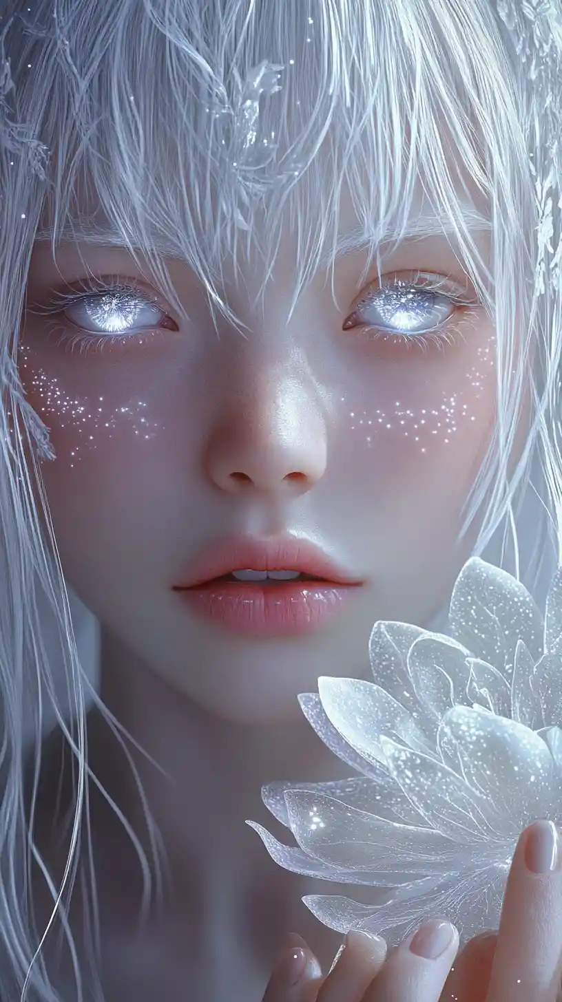 Ethereal anime girl with silver eyes and lotus adornment