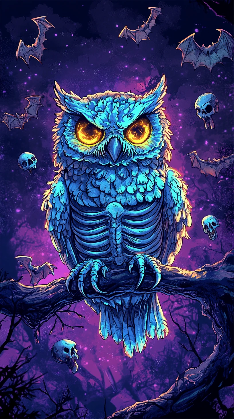 Chubby spectral owl with skeletal face on crooked branch