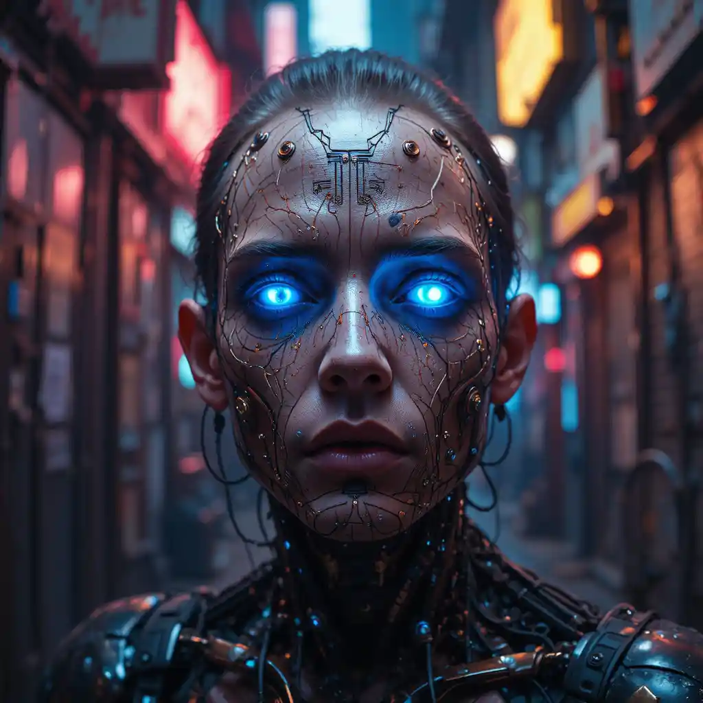Cyborg face with neon implants in a dark alley