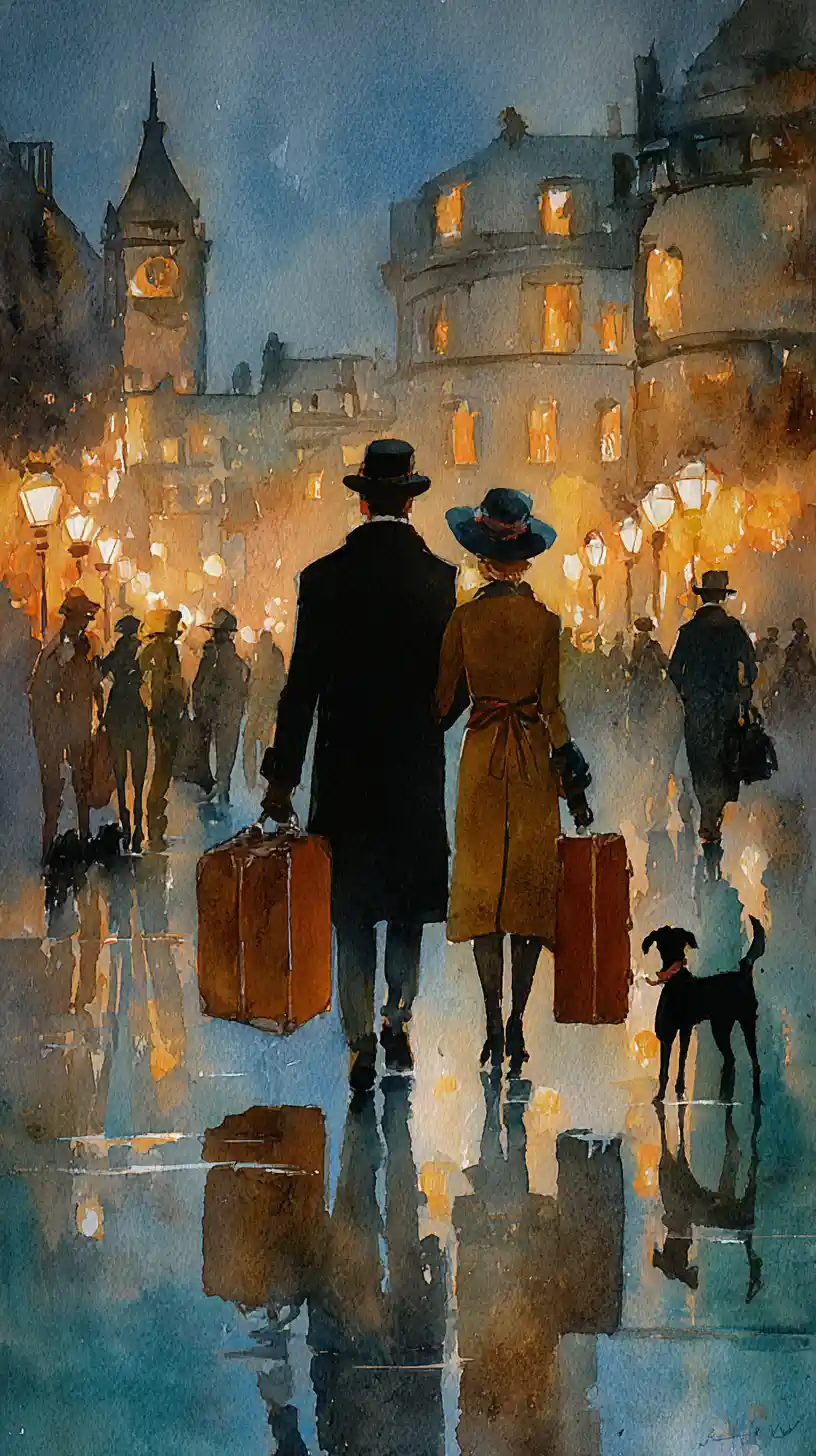 Elegant couple with dog strolling on Paris street at night