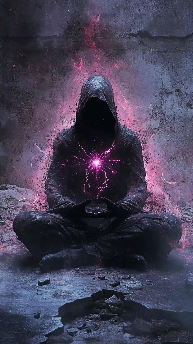 Hooded mystic meditating as body fractures into glowing glitches