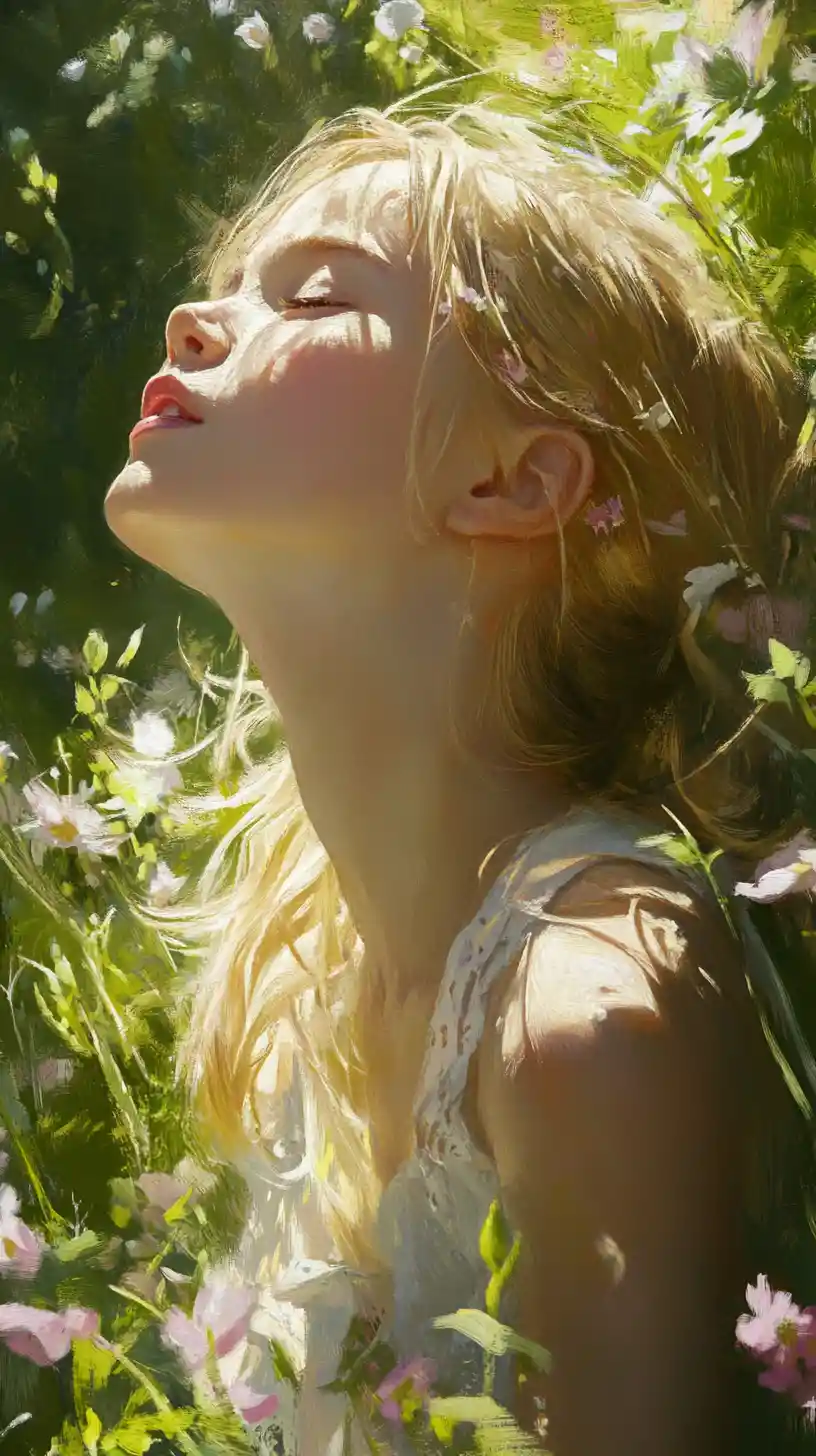 Blonde girl singing in a sunny park among flowers