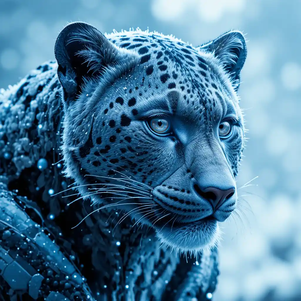 Cybernetic snow leopard in icy blue futuristic chrome