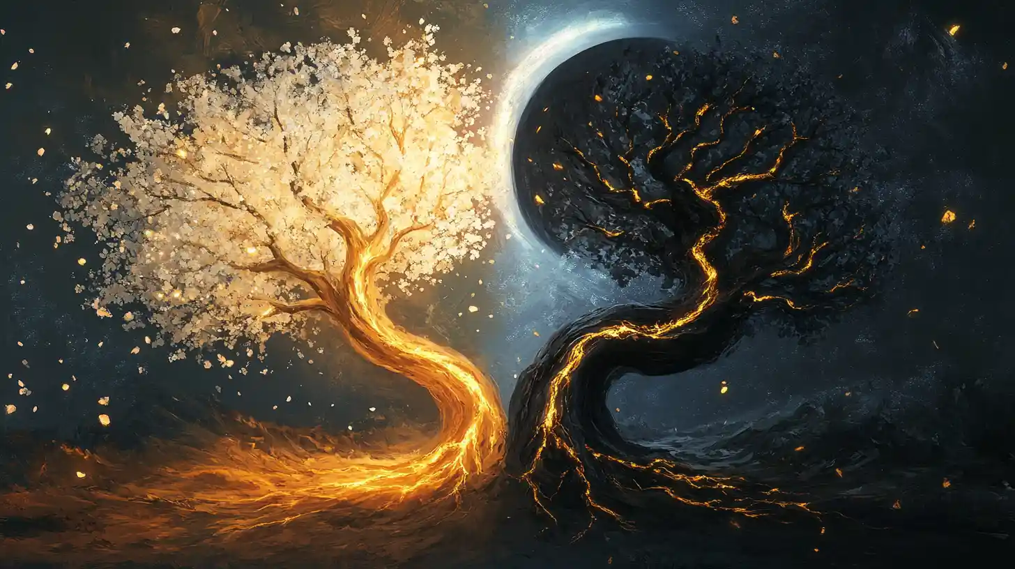 Yin yang trees with glowing light and deep shadow contrast