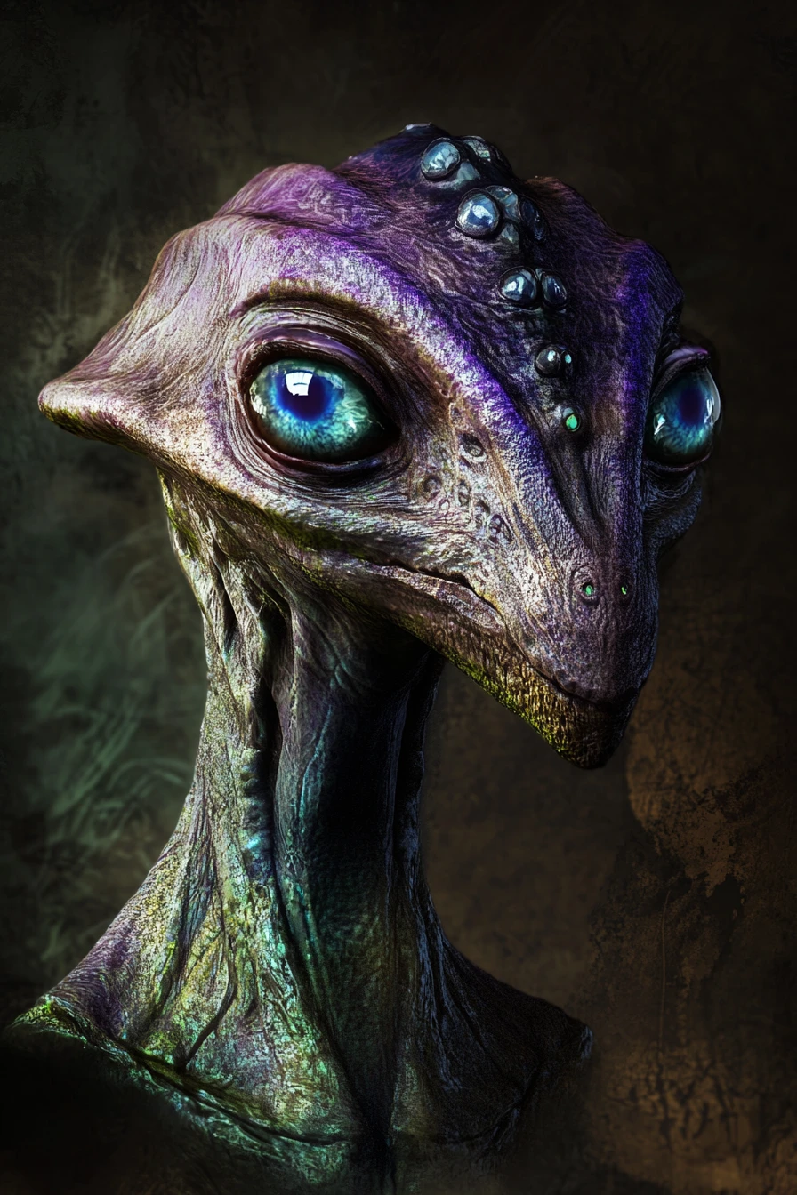 Alien portrait with six glowing blue eyes in darkness