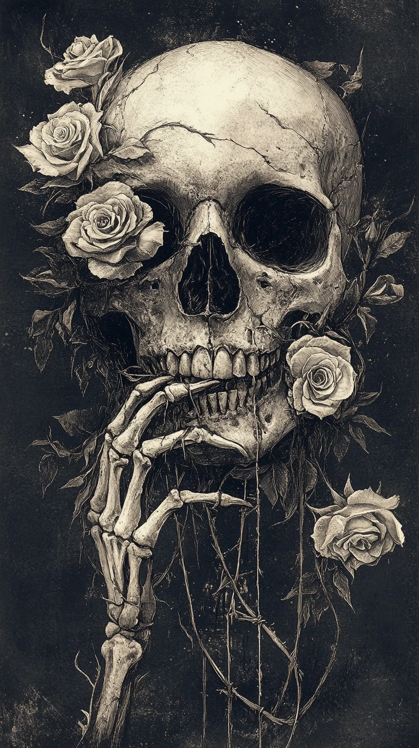 Macabre skull with roses entwined around mouth and hands