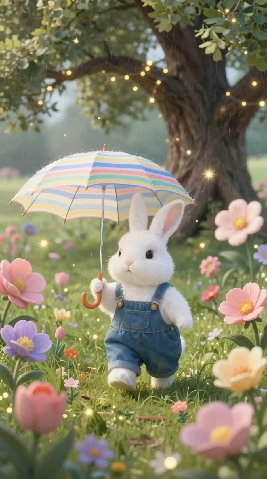 Cute white rabbit in overalls under a striped umbrella