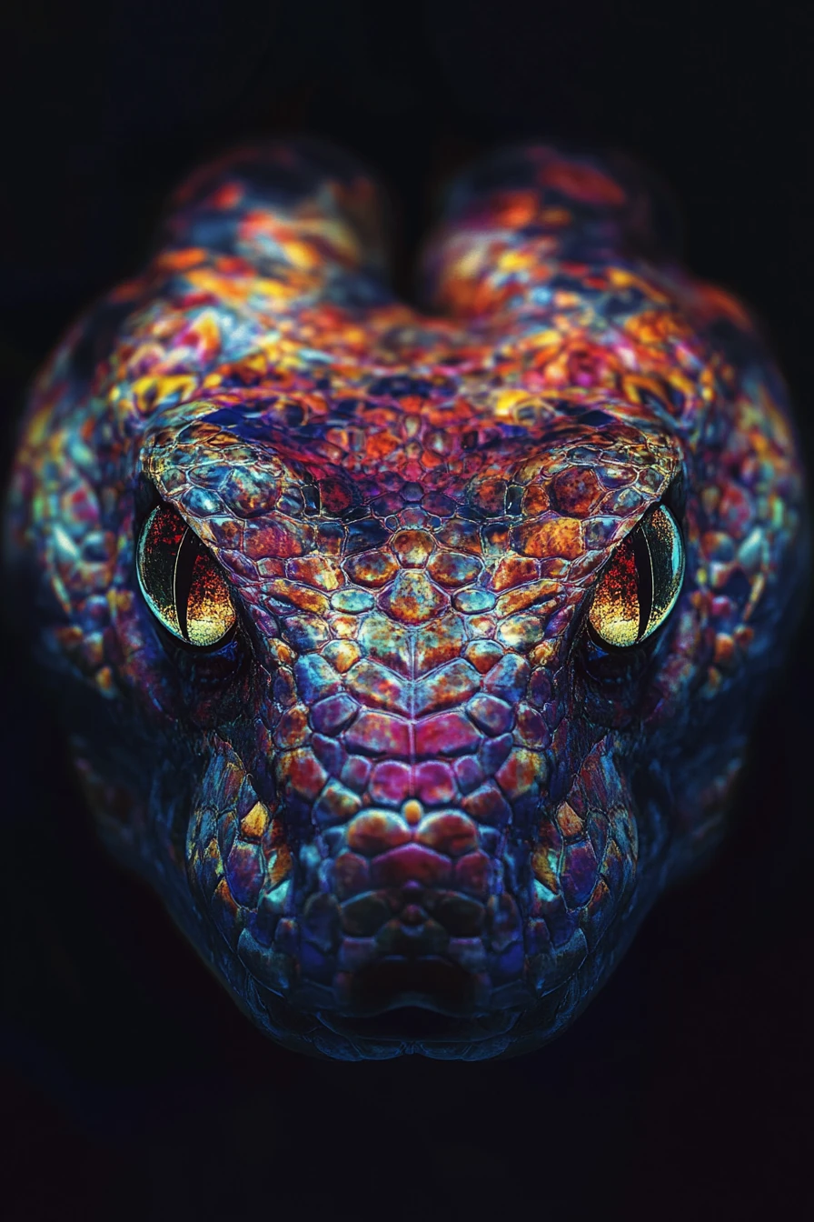 Hypnotic reptile cluster forming a glowing skull illusion