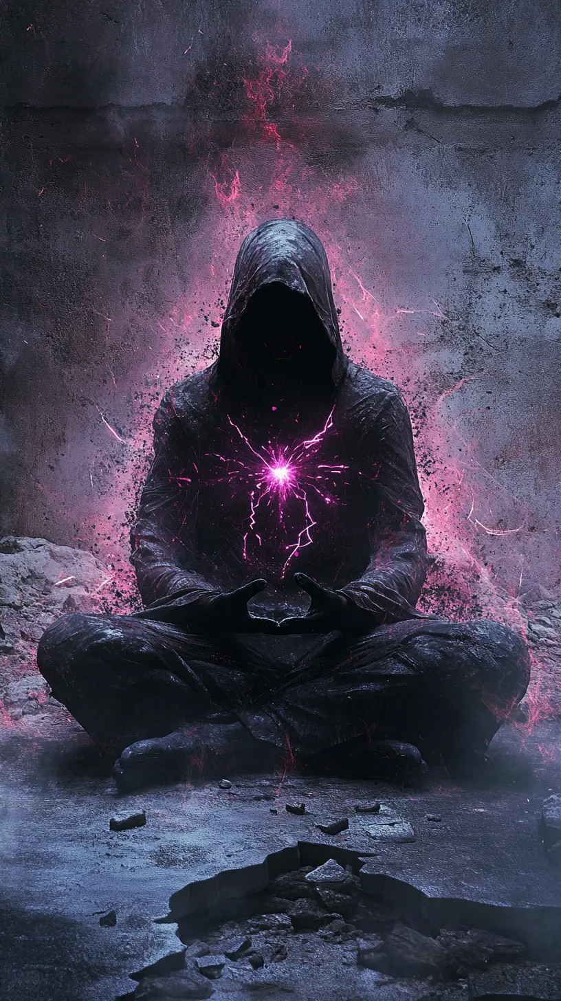 Mistico incappucciato in meditazione mentre il corpo si frantuma in glitch luminosi