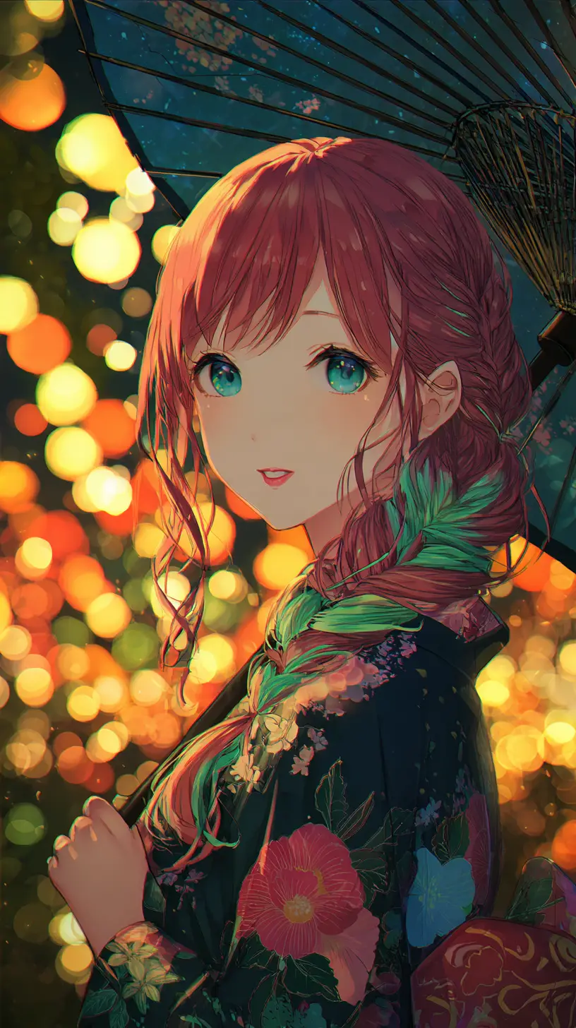 Anime girl in floral kimono with fan at night