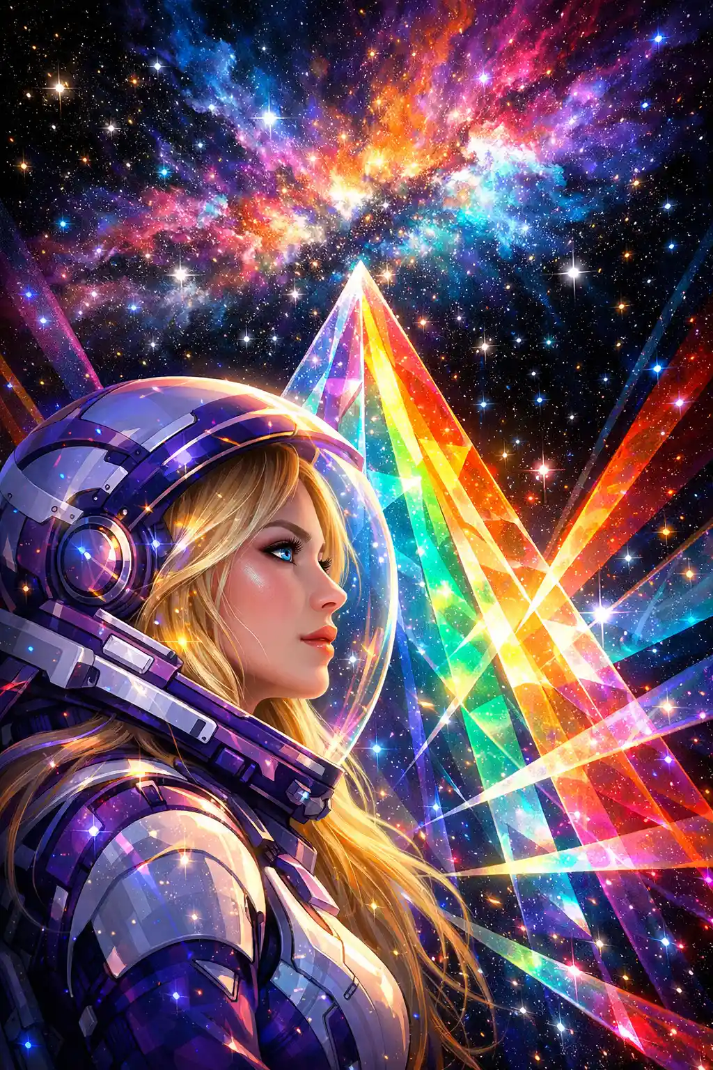 Surreal Woman In Spacesuit Beneath Prismatic Cosmic Rainbow