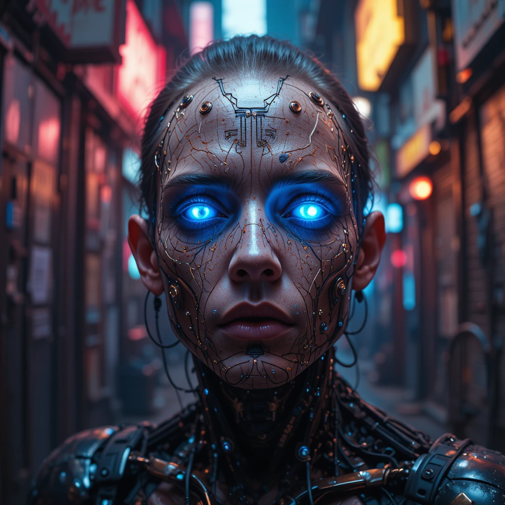 Cyborg face with neon implants in a dark alley