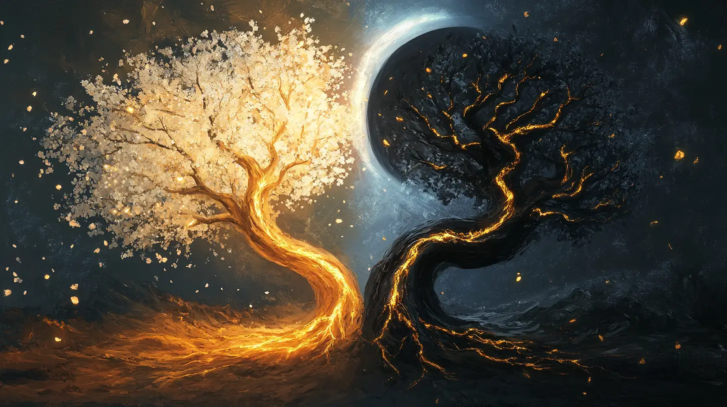 Yin yang trees with glowing light and deep shadow contrast