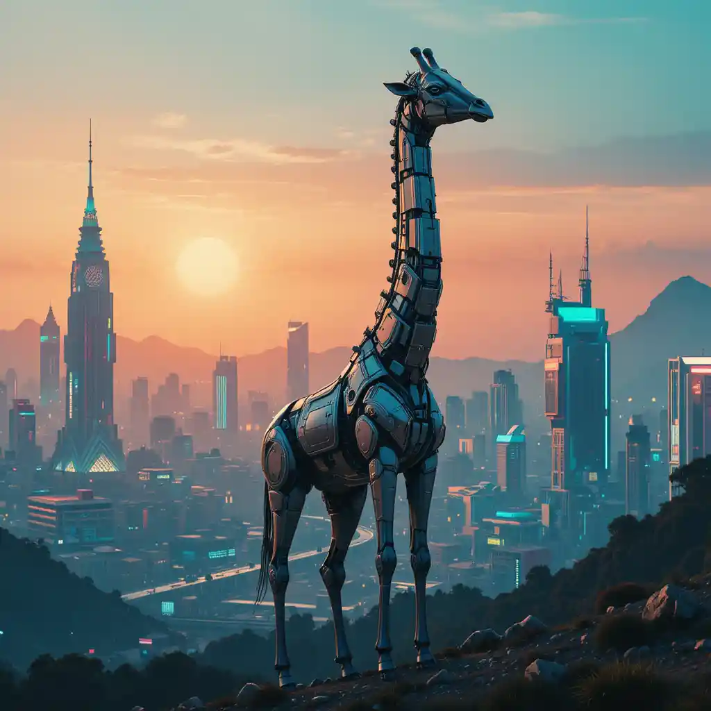 Robotic giraffe roaming a neon cyberpunk city at sunset