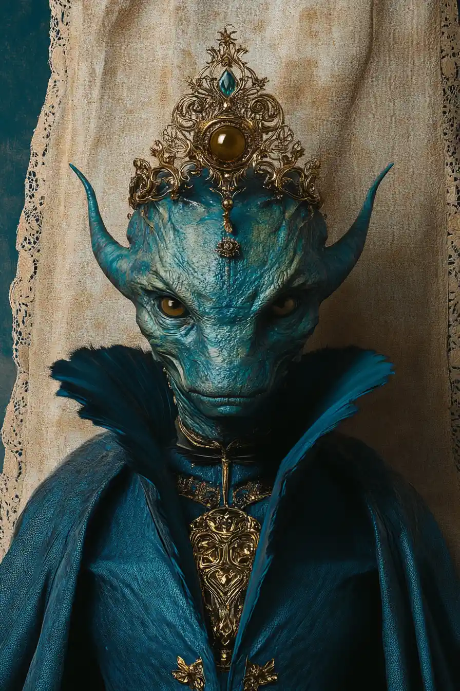 Regal teal monster monarch in ornate golden crown