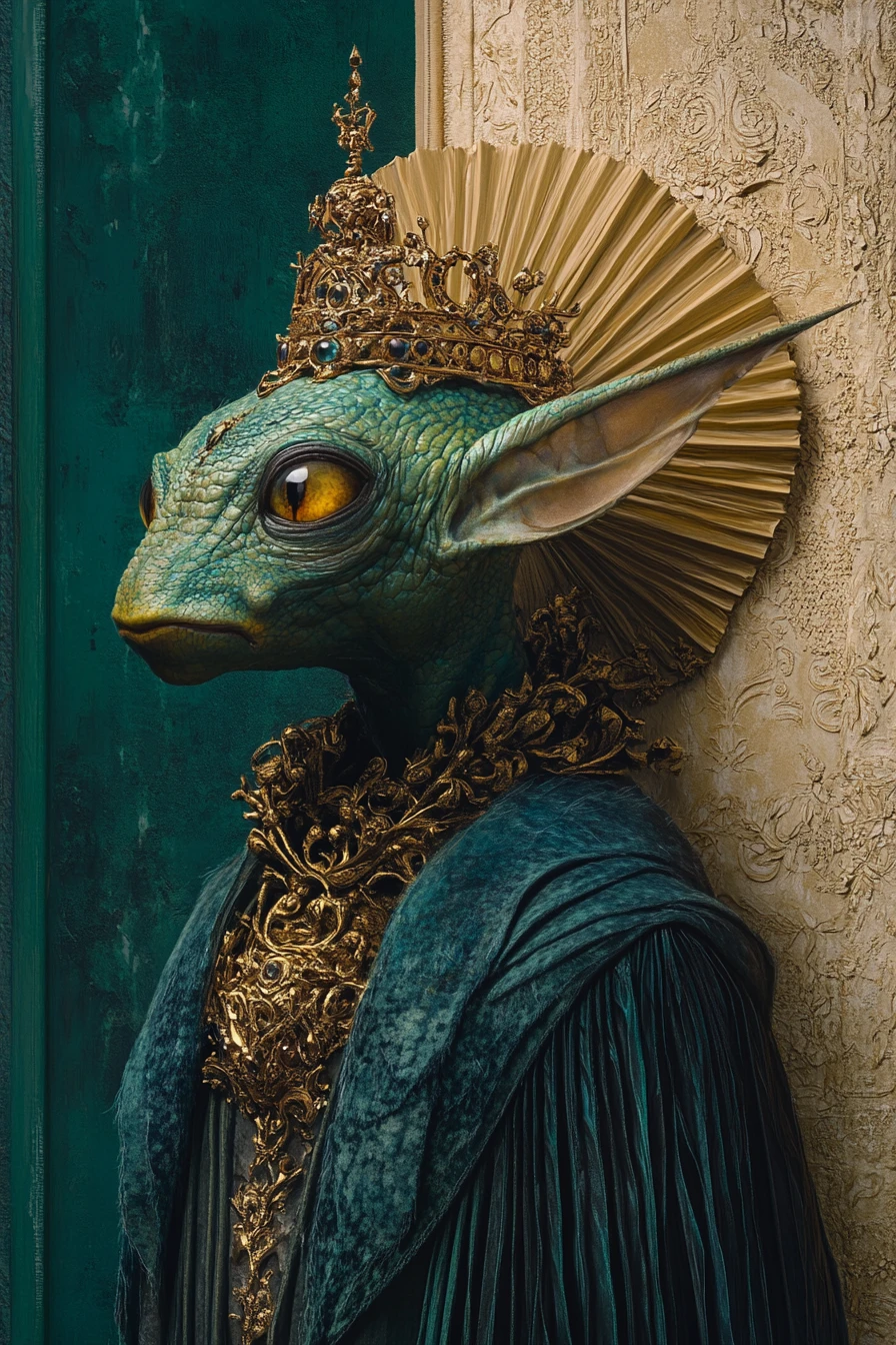 Grumpy crowned fantasy creature in regal teal and gold