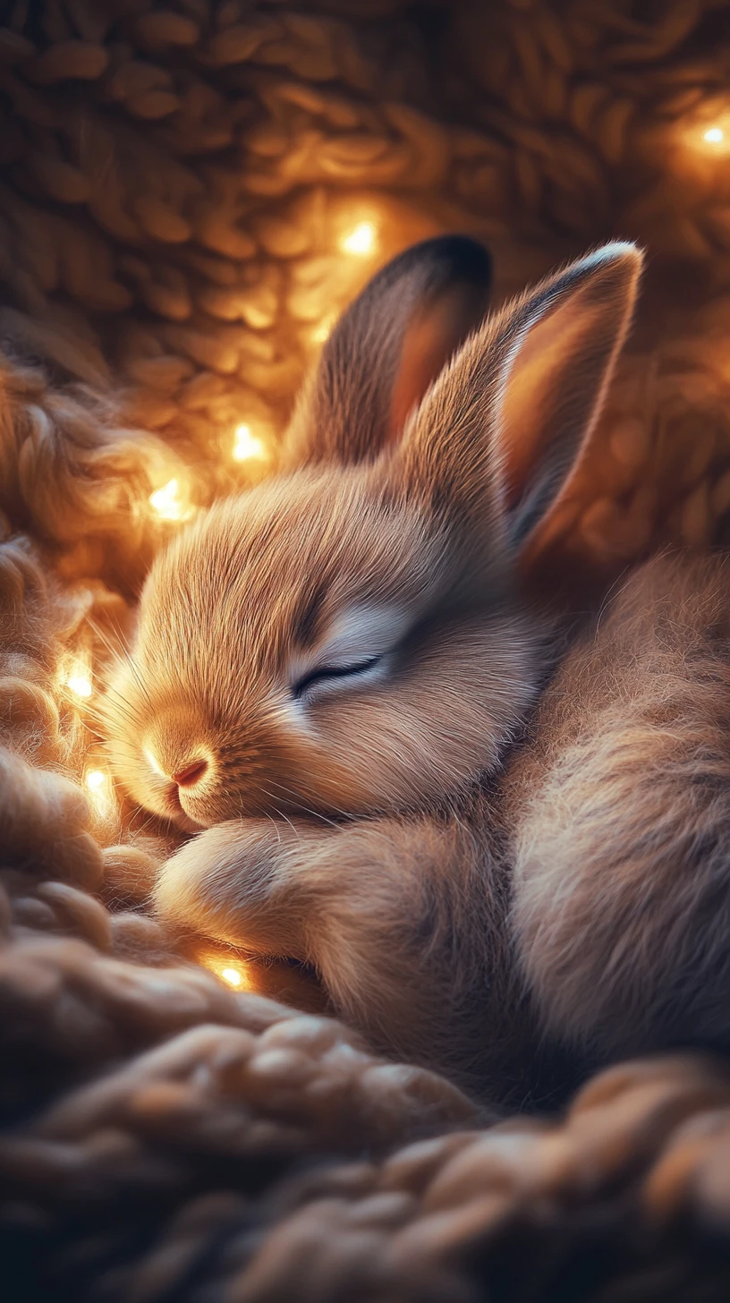 Sleepy baby rabbit curled on a soft cushion with lights