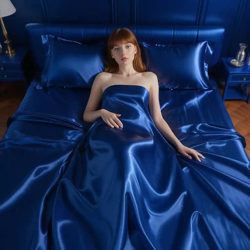 Woman lying on royal blue satin sheets looking forward