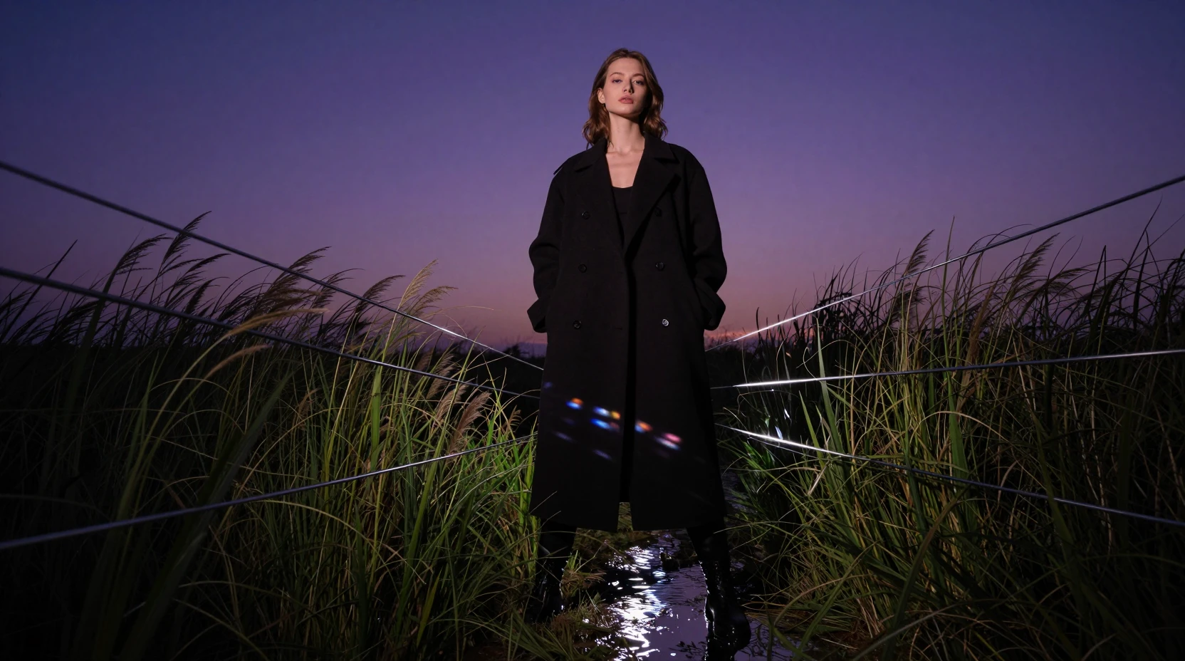 Young woman in tall grass at violet twilight horizon