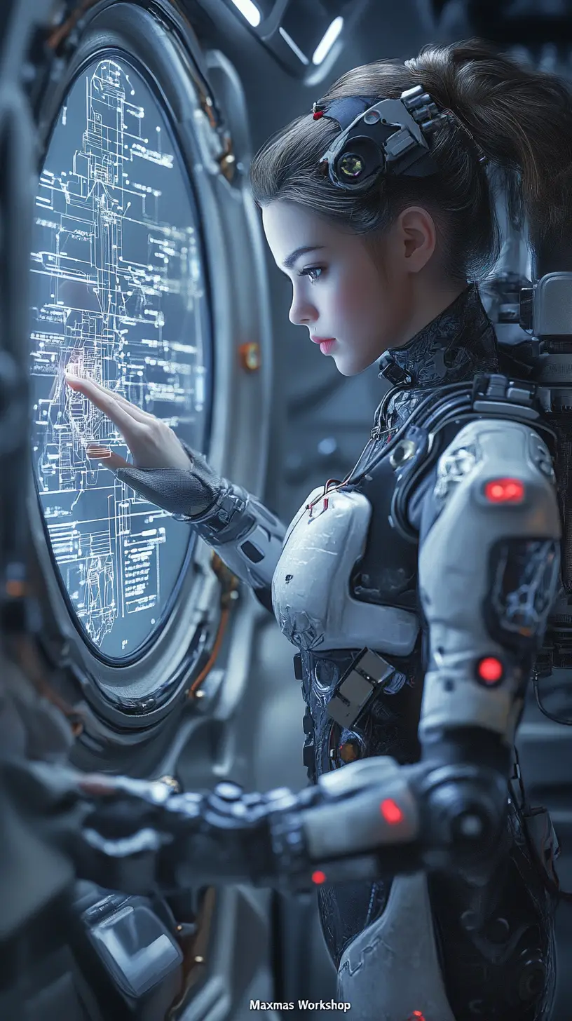 Cinematische Mecha-Frau, die das Diagramm eines Weltraumkriegsschiffs studiert