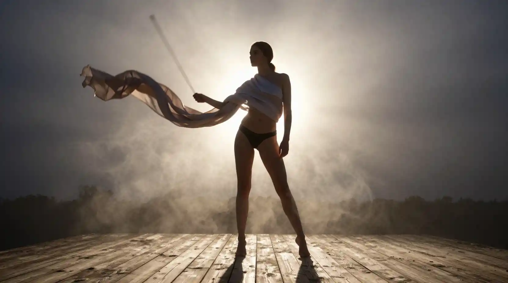 Young woman with silk scarves on a sunlit platform
