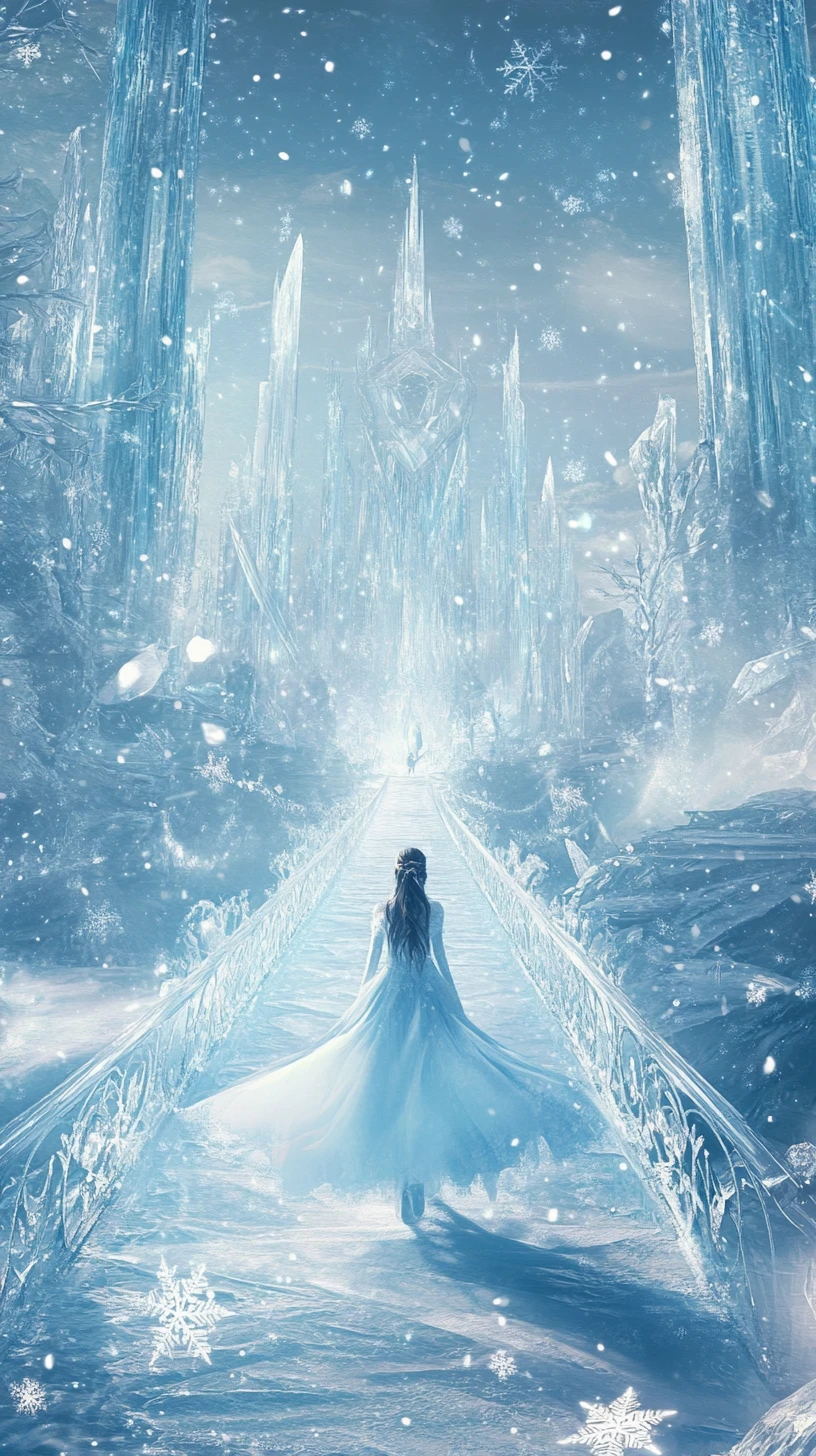 Regal woman gliding through a mystical winter landscape