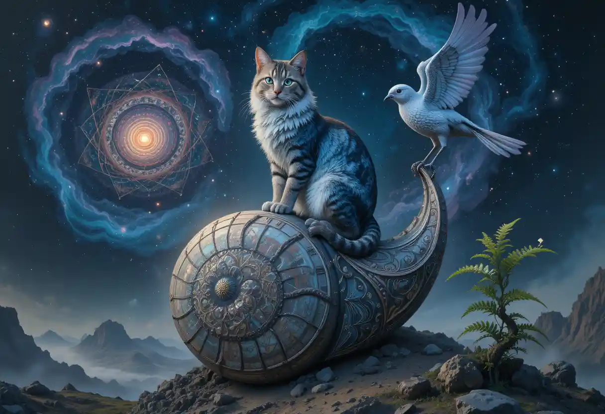 Regal fantasy cat seated on a spiral nautilus shell