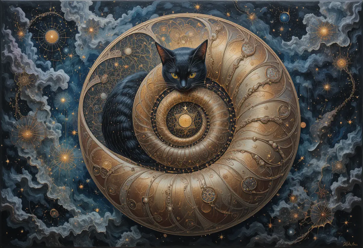 Regal cat with spiral shell in cosmic abstract design