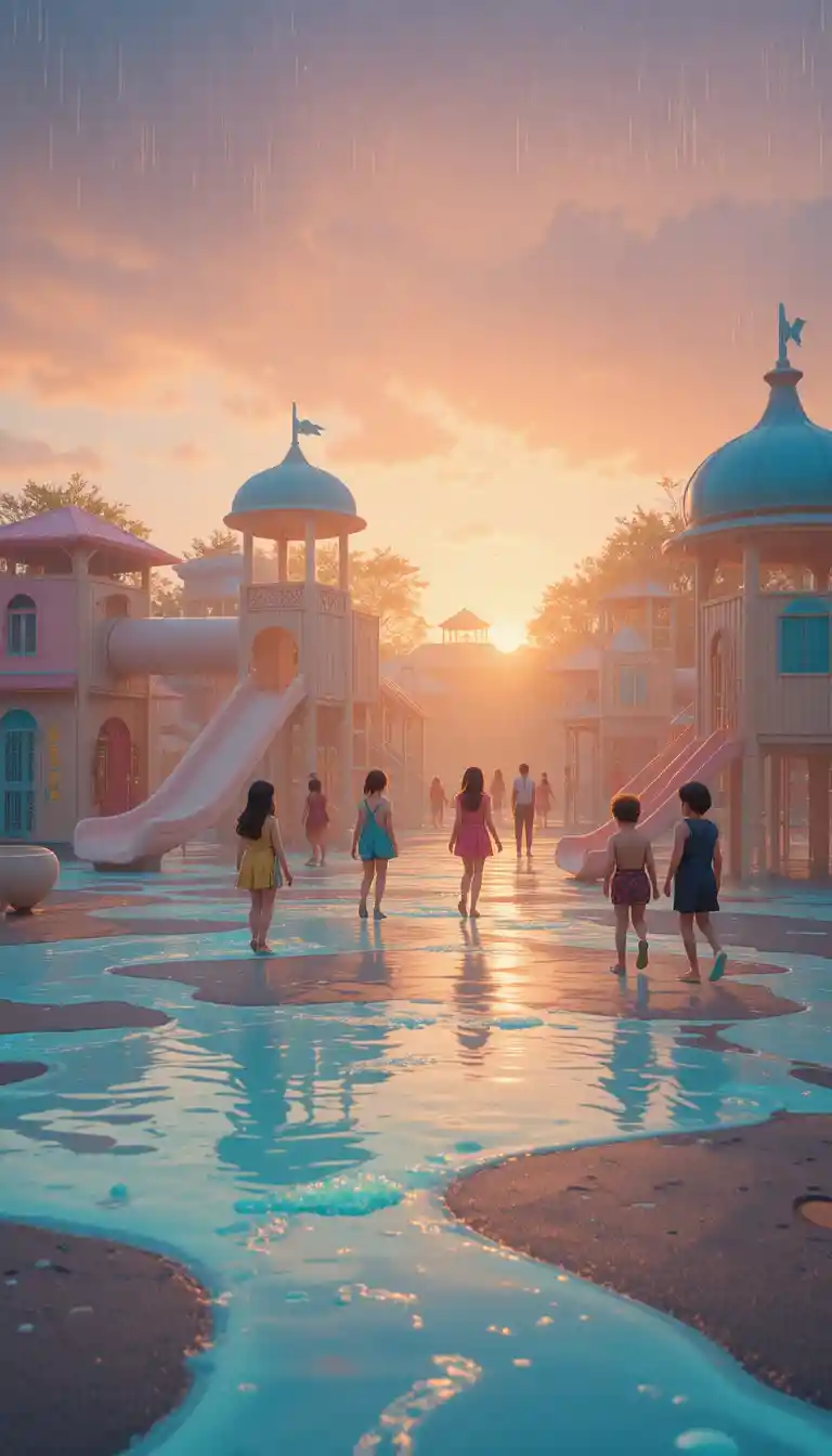 Pastel playground in soft sunset rain with calm children