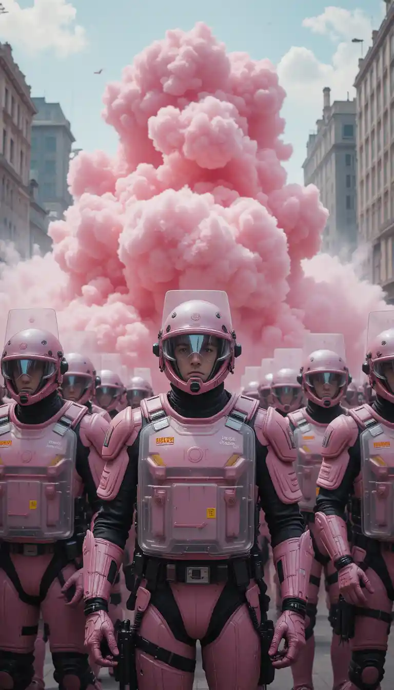 Futuristic riot police in pink armor facing cotton candy blasts