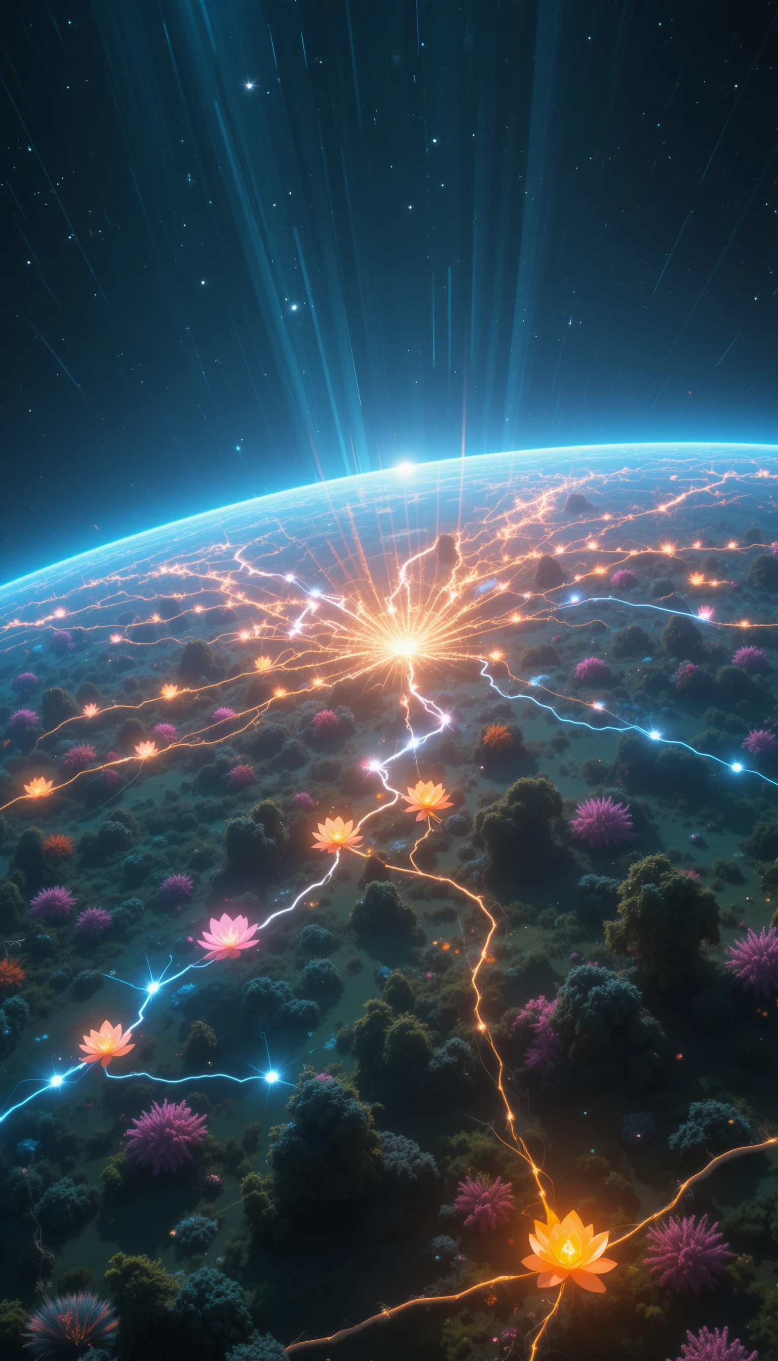 Spring energy flowing across a glowing connected Earth