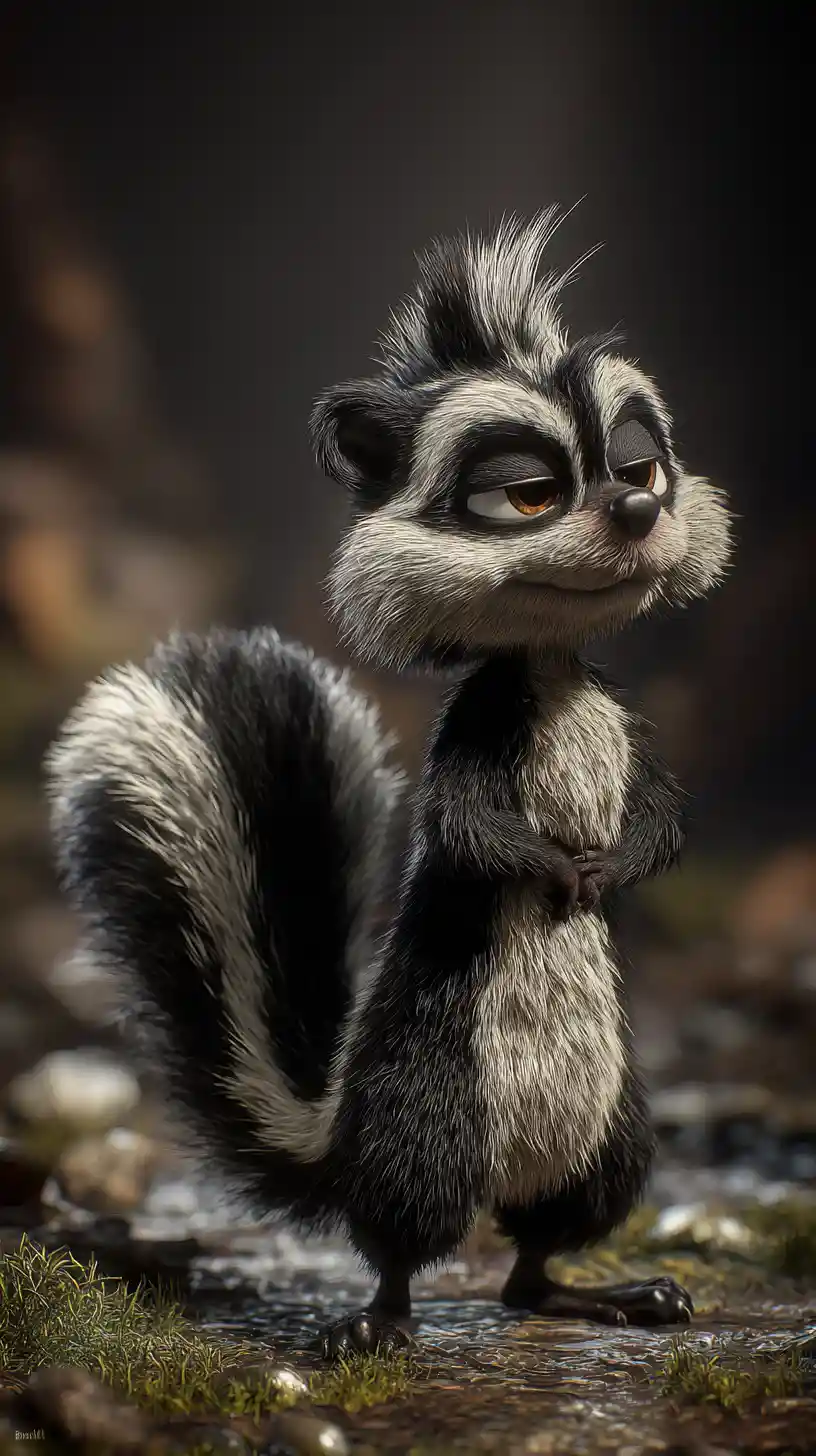 Stylized 3D skunk with fluffy arched tail and smug smirk