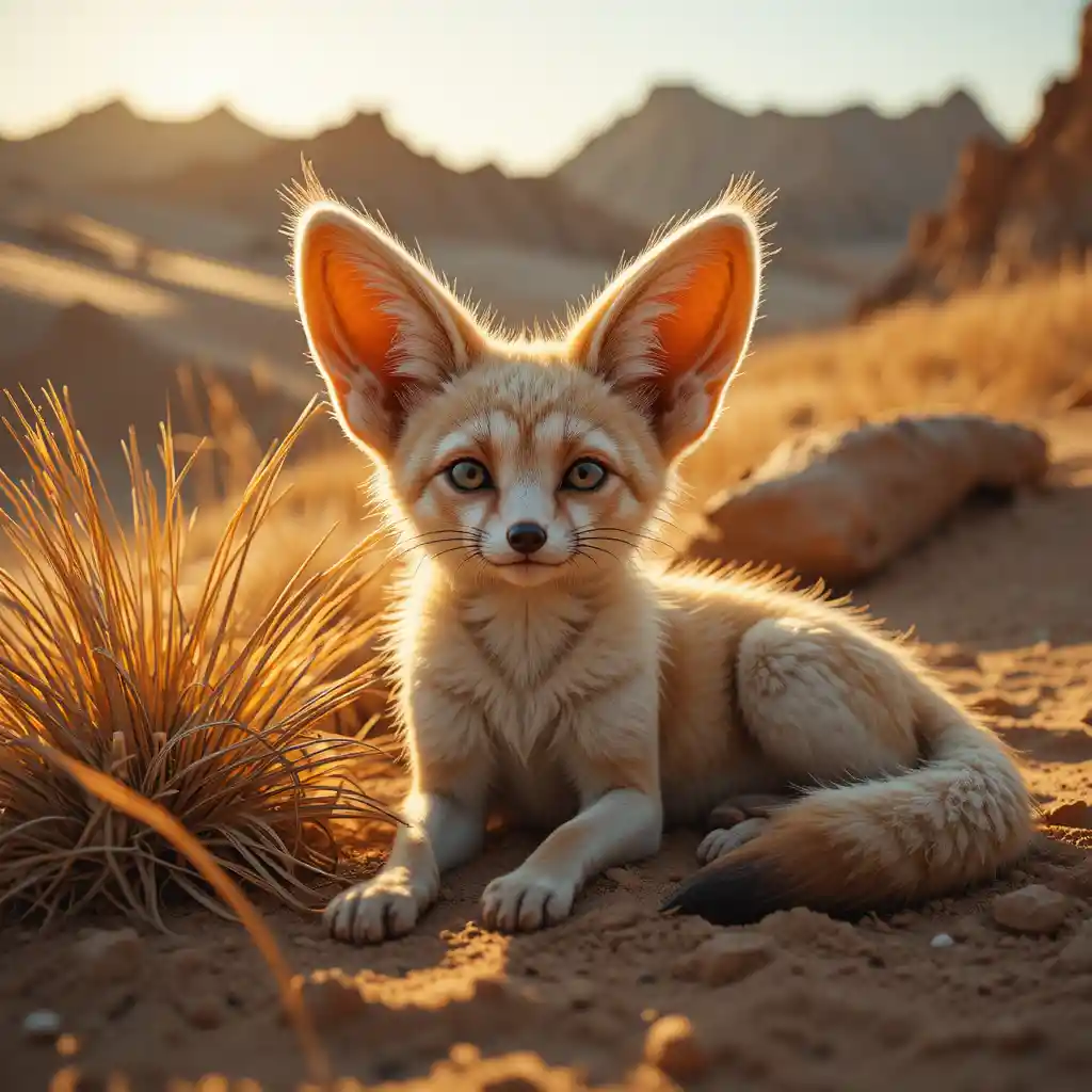 Fennec fox resting in warm light on Saharan desert sand