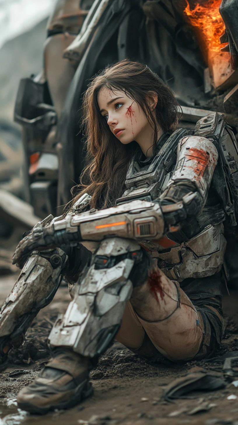 Battle worn mecha woman resting against ruined armored vehicle