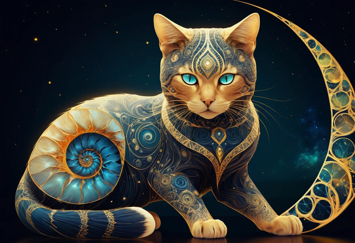 Mystical cat with nautilus shell in glowing sacred geometry