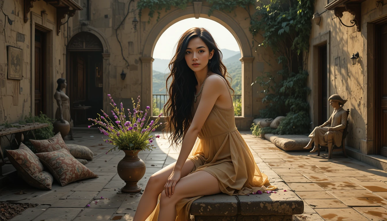 Roman woman on stone bench in sunlit Tuscan courtyard
